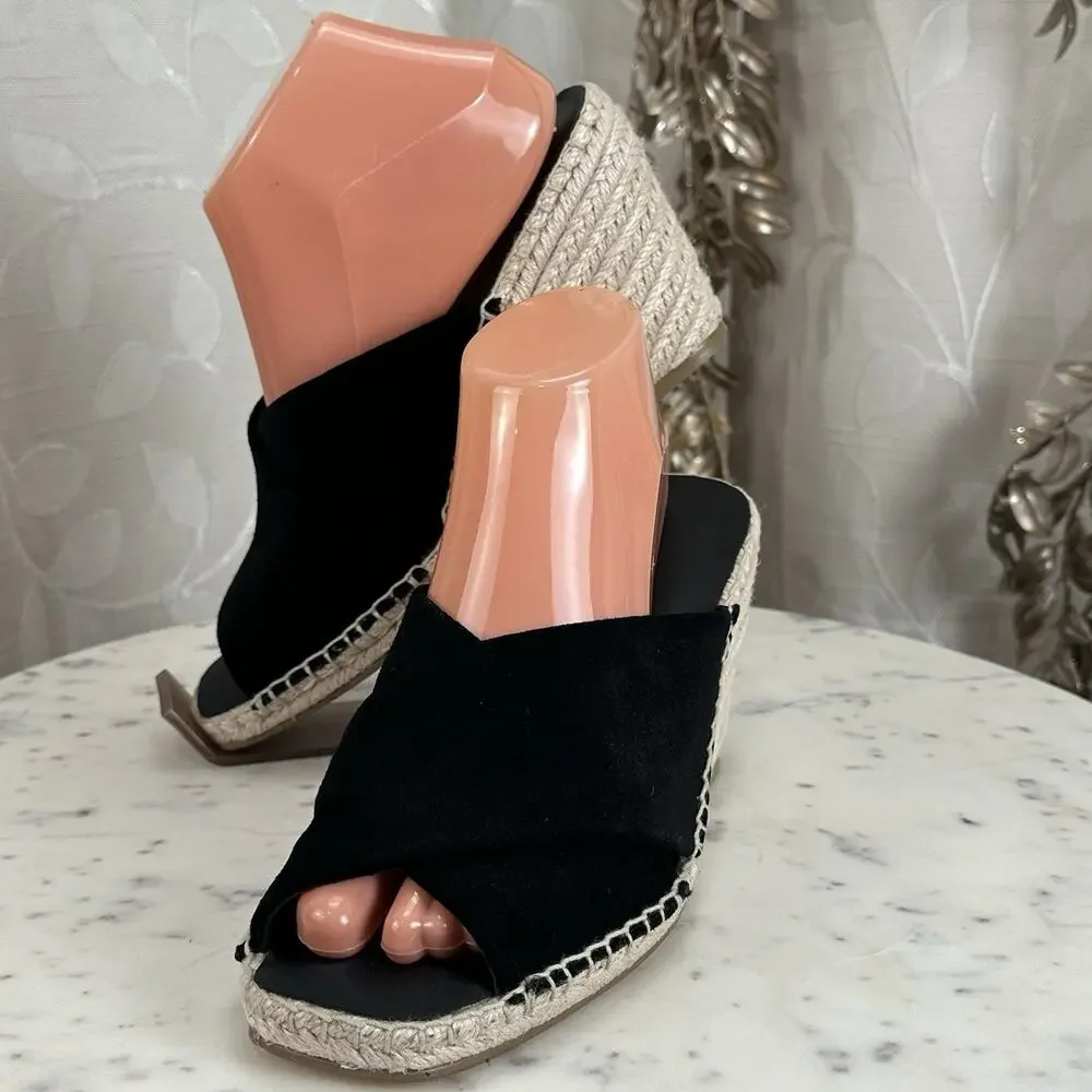 Banana‎ Republic Sandals Womens 8.5 M Slip On Wedge Espadrille Slide Black Suede